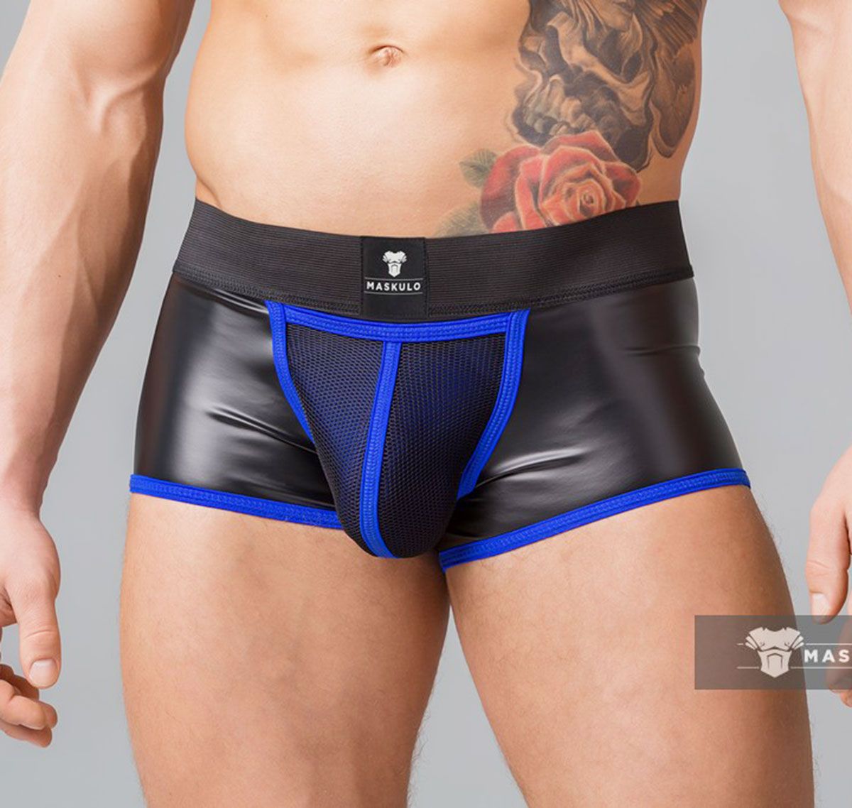 MASKULO Fetish Boxers YOUNGERO. Mesh Codpiece Backless TR050-62, blue