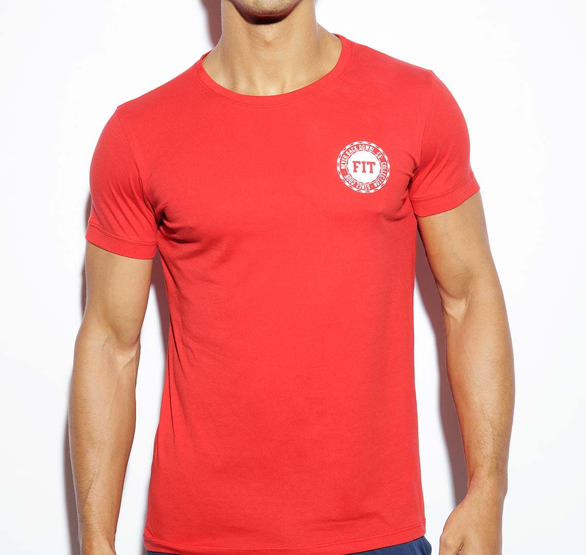 ES Collection NEVER BACK DOWN U-NECK T-SHIRT TS172, rot