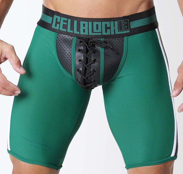 Cellblock 13 Pantaloncini fetish KICK-OFF-SHORT, verde 