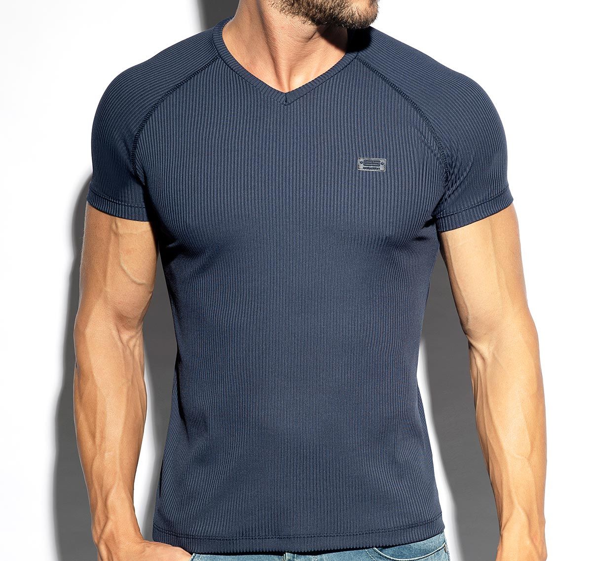 ES Collection T-Shirt RECYCLED RIB V-NECK T-SHIRT TS299, bleu marine