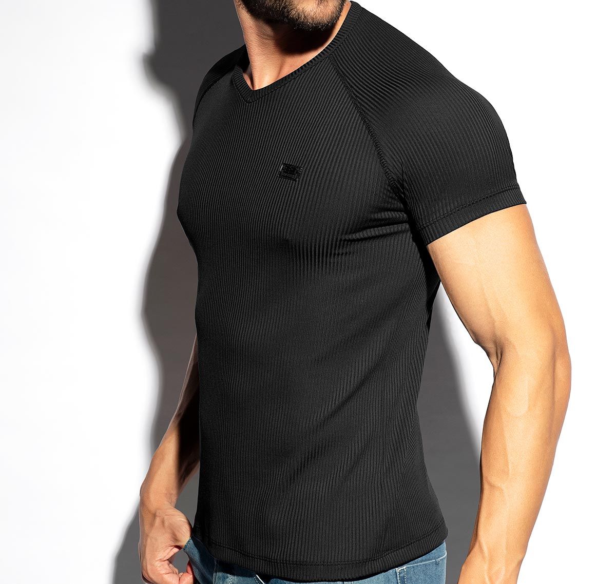 ES Collection T-Shirt RECYCLED RIB V-NECK T-SHIRT TS299, noir